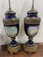 Cobalt Blue Gold Decorated Porcelain Pair Lamps