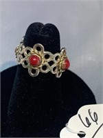 Sterling Silver /18 kt Gold Ring w Red Coral Stone