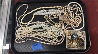 Tray lot of pearl necklaces and earrings