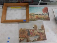 PAIR OF PAINTED CANVASES & 1 WOODEN FRAME