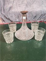 HEAVY CUT GLASS SHIP'S DECANTER AND 4 TUMBLERS