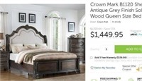 Antique Grey Finish Solid Wood Queen Bed