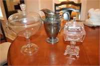 2 PEDESTAL CANDY DISHES, SILVER PLATE PITCHER