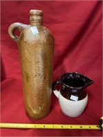 Crock Creamer And Clay Wine Bottle