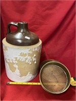 2 Brass Sieves, Crock Jug Damaged Glazing