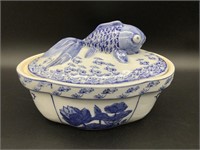 Blue and White Asian Koi Covered Dish