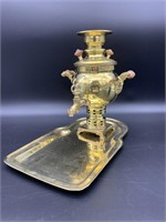 Antique English Brass Coal Samovar with Tray