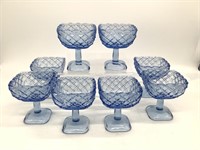 8pc Vintage Blue Glass Basket Weave Compote Set