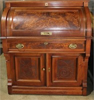 Antique (1892) Burl Walnut Roll Top Desk-Nice Cond