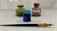3 Vintage Ink Bottles w/ Dip Pen