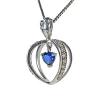 Sterling silver heart shape blue sapphire caged