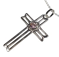 Sterling silver modern cross with bezel set round