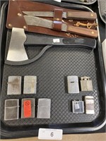 Zippo lighters, forged knives, Hatchet.