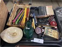 Ring, stone dish, vintage pens, Seitz bottle.