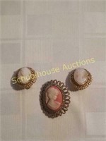 Group of 3 unmarked cameos. 1 brooch and pair of
