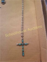 Silver and turquoise cross necklace. Unmarked