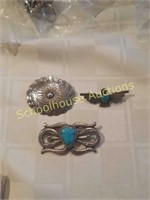 Group of 3 silver and turquoise brooches