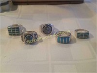Group of 5 silver and turquoise rings. 1 marked