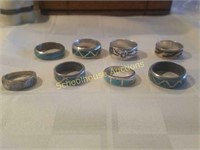 Group of 8 silver and turquoise rings. No marks