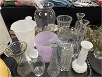 13 glass vases, etched, milk glass, frosted.