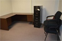 DESK, FILE CABINET, 5 CHAIRS