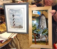 2 lighthouse pictures-one glass
