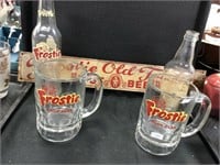 Five Advertising Frostie mugs, tin sign, glass