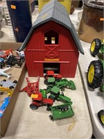 Toy tractors, barn and silo
