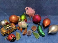 Glass ornaments (pink flamingo -pickle -etc)