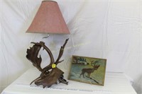 Caribou Lamp & Folk Art Painting on Cardboard