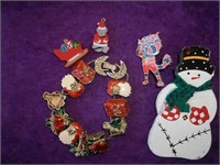 Costume Jewlery: Christmas Bracelet & Snowman Pin
