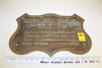 Union Iron Works Brass Works Sign Stamped 1937