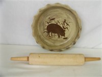 Wooden Rolling Pin 17" & Ceramic Pie Plate 10"