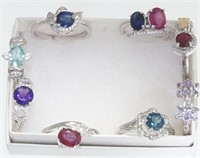 Eight Precious gemstone sterling rings
