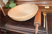 Antique Wooden Dough Bowl with Rolling Pin and