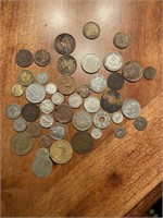 Bag Of About 40 Foreign Coins & Some Tokens