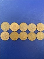 10 English Pennies - Various Years