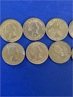 10 English pennies-Various Years