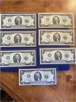 Seven Federal Reserve Notes $2.00 Series 2013