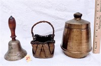 (3)brass items-school bell, sm basket, tob. humi.