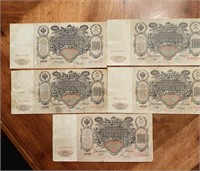 5 Tsarist Imperial Russian Rouble Notes 1910