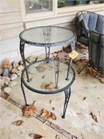 Glass top round patio tables (2), wrought iron