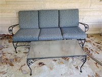 Patio settee & table,  wrought iron, cushions