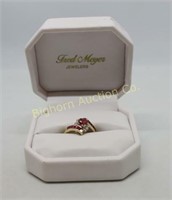 Ring: Size 8, 10K Gold, Diamonds, Red Stone