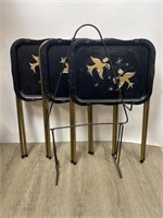 Vtg MCM (3) TV Trays With Stand Metal Birds B