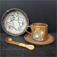 Unique Pottery Cup With Spoon & 2 Saucers