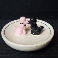 Kissing Poodles Ring Holder Dish Black Pink FAB