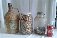 JAR OF BUTTONS, CORKS, OLD RUM BOTTLE EMPTY