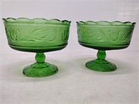 2 green coloured glass footed bowls