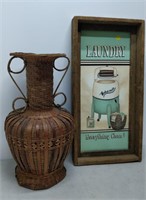 wood decorative laundry sign and wicker basket